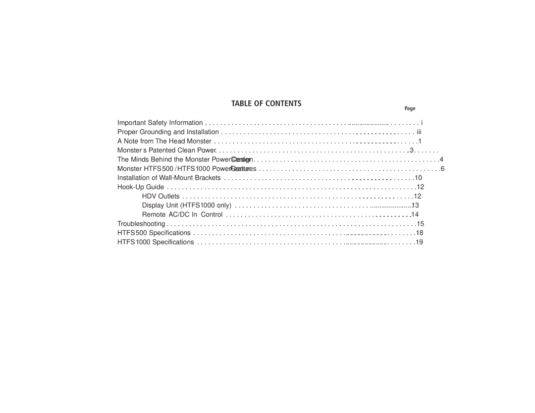 Monster Cable HTFS500, HTFS1000 owner manual Table of Contents 