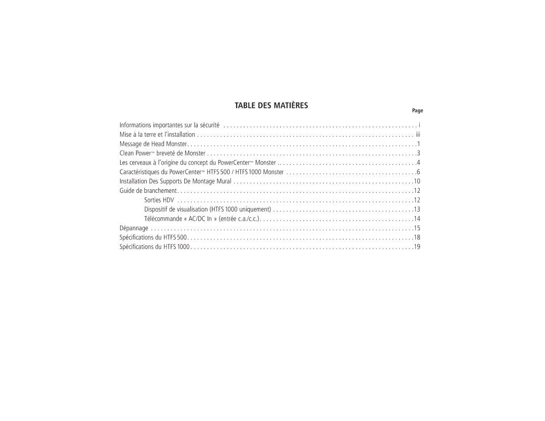 Monster Cable HTFS1000, HTFS500 owner manual Table DES Matières 