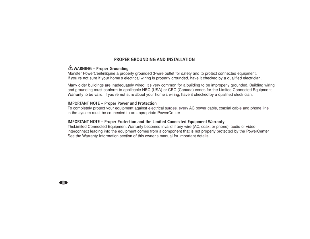 Monster Cable HTFS1000, HTFS500 owner manual Proper Grounding and Installation, Important Note Proper Power and Protection 