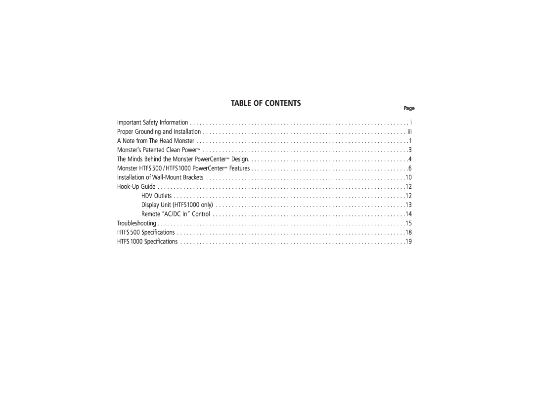 Monster Cable HTFS500, HTFS1000 owner manual Table Of Contents, Page 