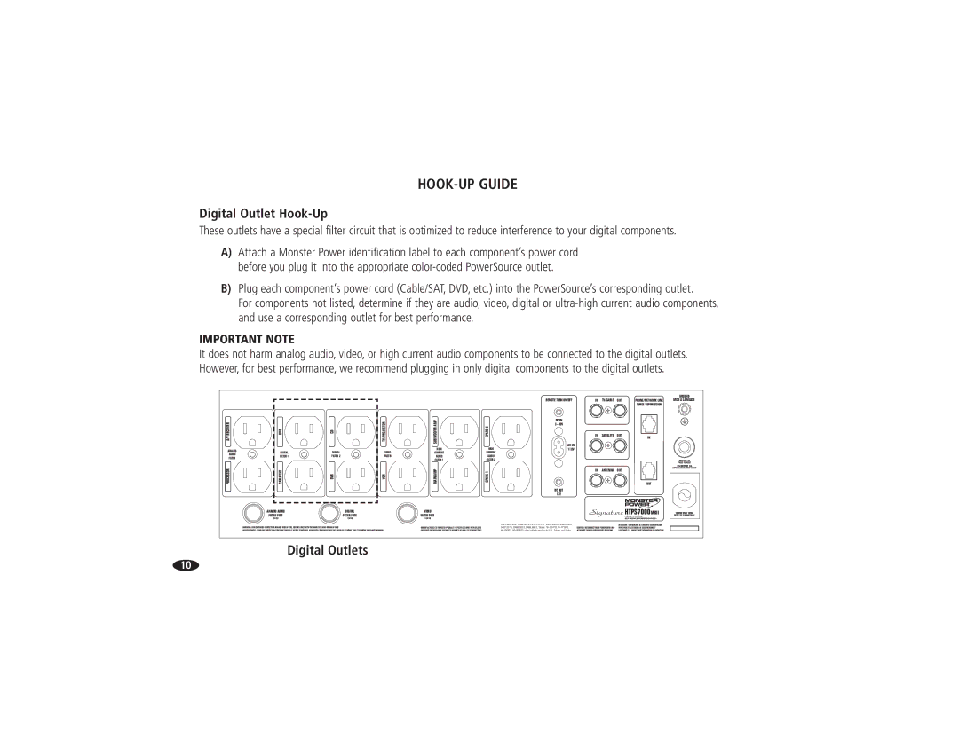 Monster Cable HTPS 7000 MKII owner manual HOOK-UP Guide, Digital Outlet Hook-Up, Digital Outlets 