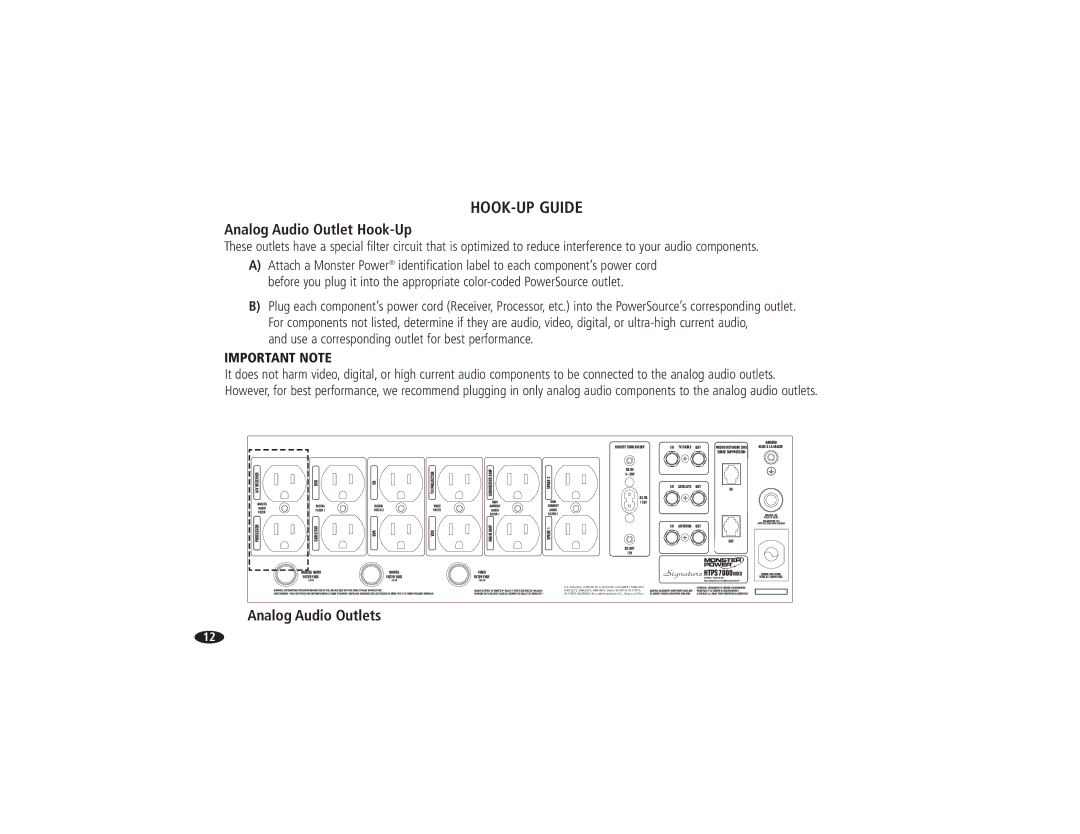 Monster Cable HTPS 7000 MKII owner manual Analog Audio Outlet Hook-Up, Analog Audio Outlets 