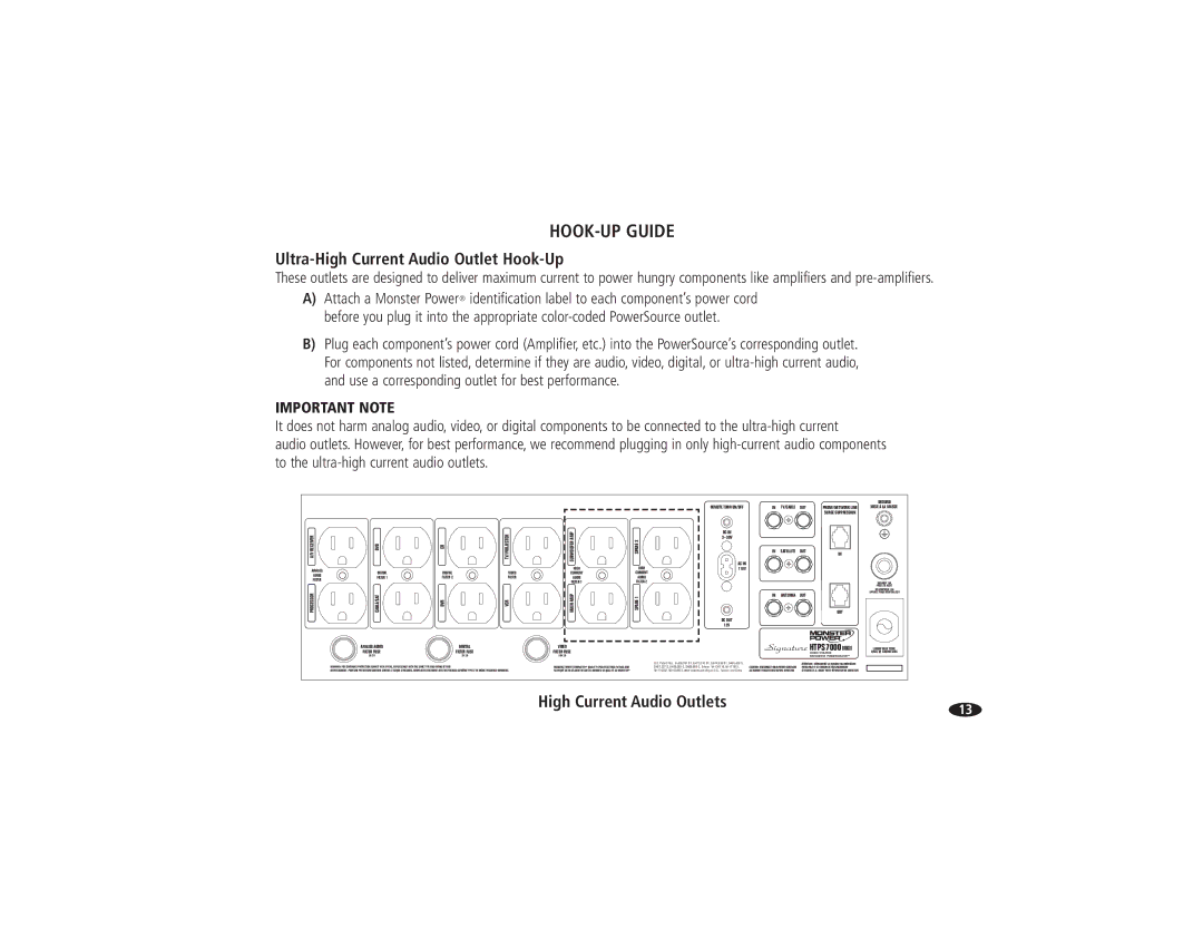 Monster Cable HTPS 7000 MKII owner manual Ultra-High Current Audio Outlet Hook-Up, High Current Audio Outlets 