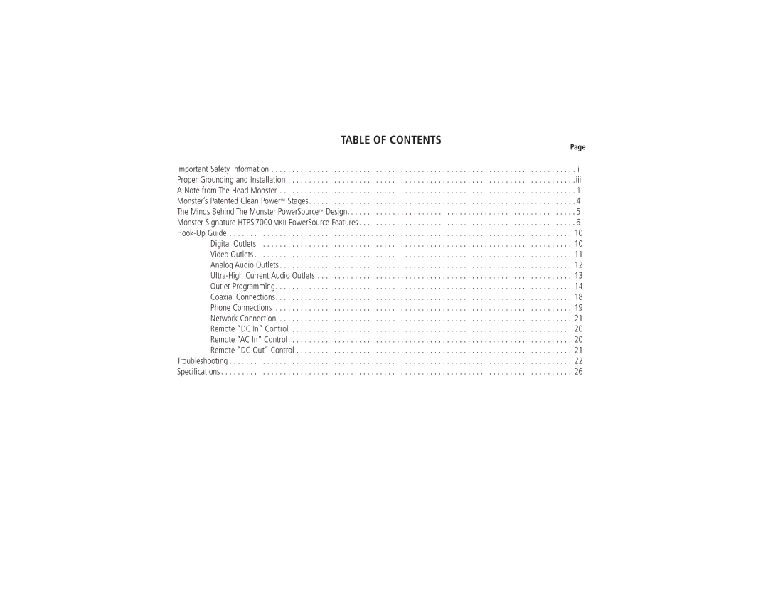 Monster Cable HTPS 7000 MKII owner manual Table of Contents 