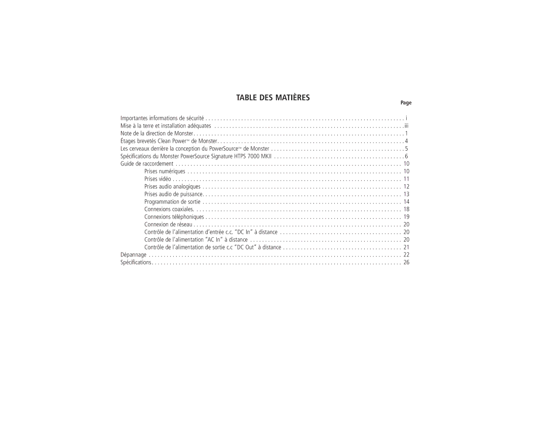 Monster Cable HTPS 7000 MKII owner manual Table DES Matières 