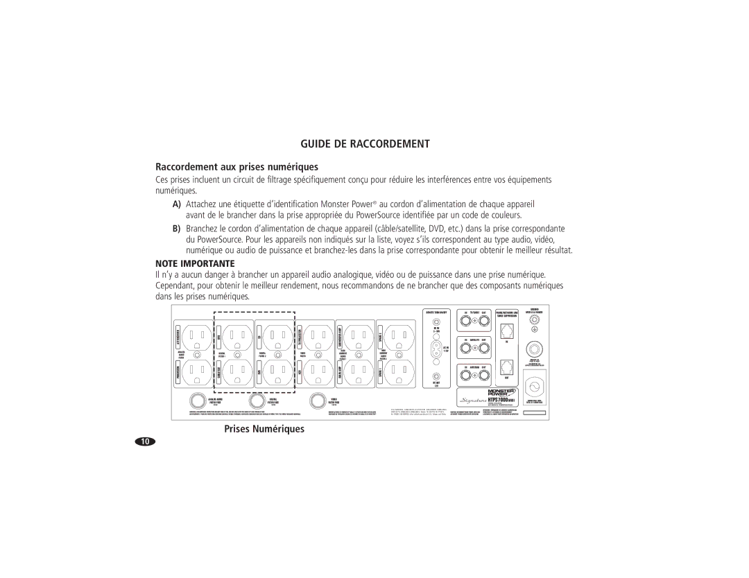 Monster Cable HTPS 7000 MKII owner manual Guide DE Raccordement, Raccordement aux prises numériques, Prises Numériques 