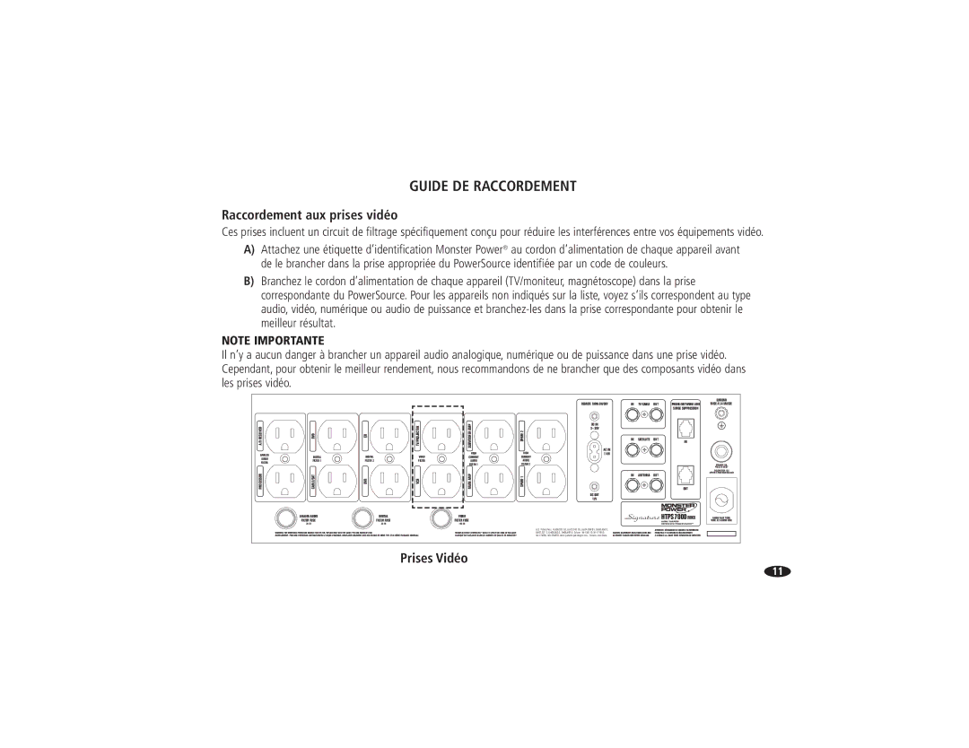 Monster Cable HTPS 7000 MKII owner manual Raccordement aux prises vidéo, Prises Vidéo 