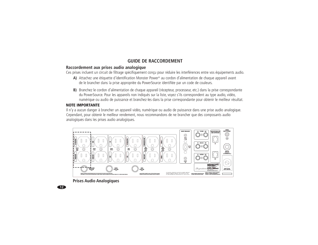 Monster Cable HTPS 7000 MKII owner manual Raccordement aux prises audio analogique, Prises Audio Analogiques 