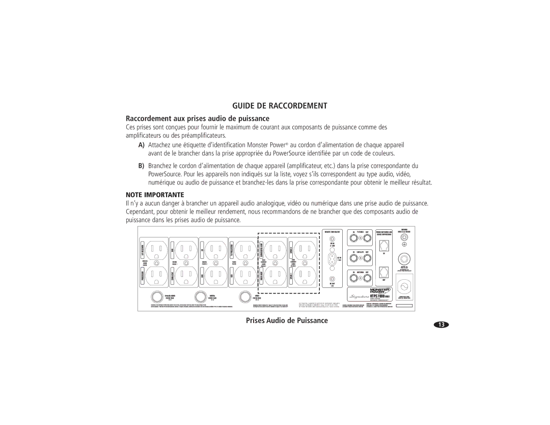 Monster Cable HTPS 7000 MKII owner manual Raccordement aux prises audio de puissance, Prises Audio de Puissance 