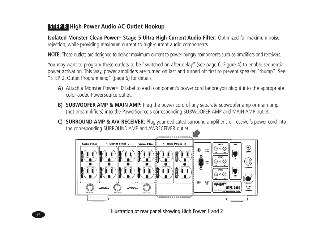 Monster Cable HTPS7000 owner manual High Power Audio AC Outlet Hookup 