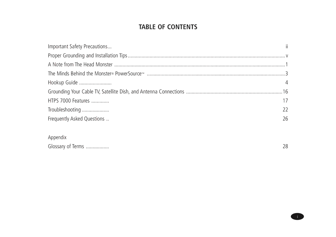 Monster Cable HTPS7000 owner manual Table of Contents 