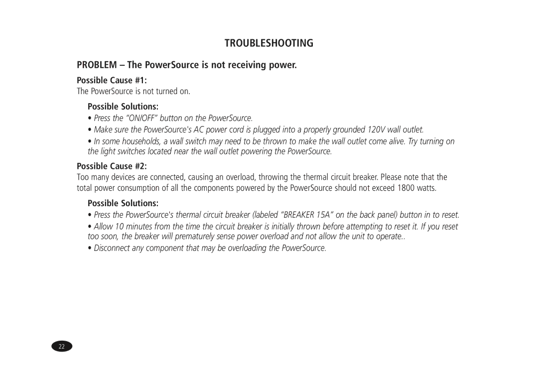 Monster Cable HTPS7000 owner manual Troubleshooting, Problem The PowerSource is not receiving power 