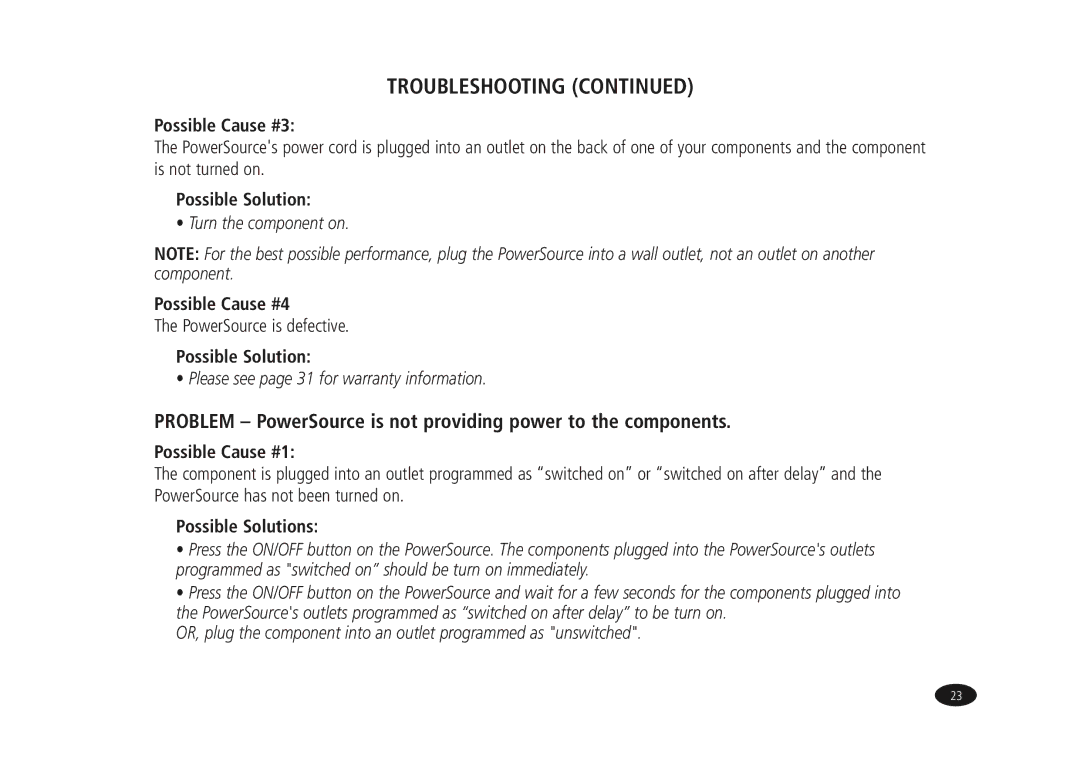 Monster Cable HTPS7000 owner manual Problem PowerSource is not providing power to the components 