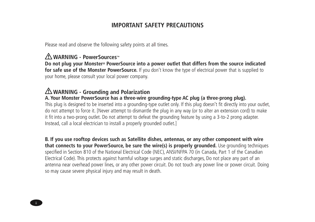 Monster Cable HTPS7000 owner manual Important Safety Precautions 