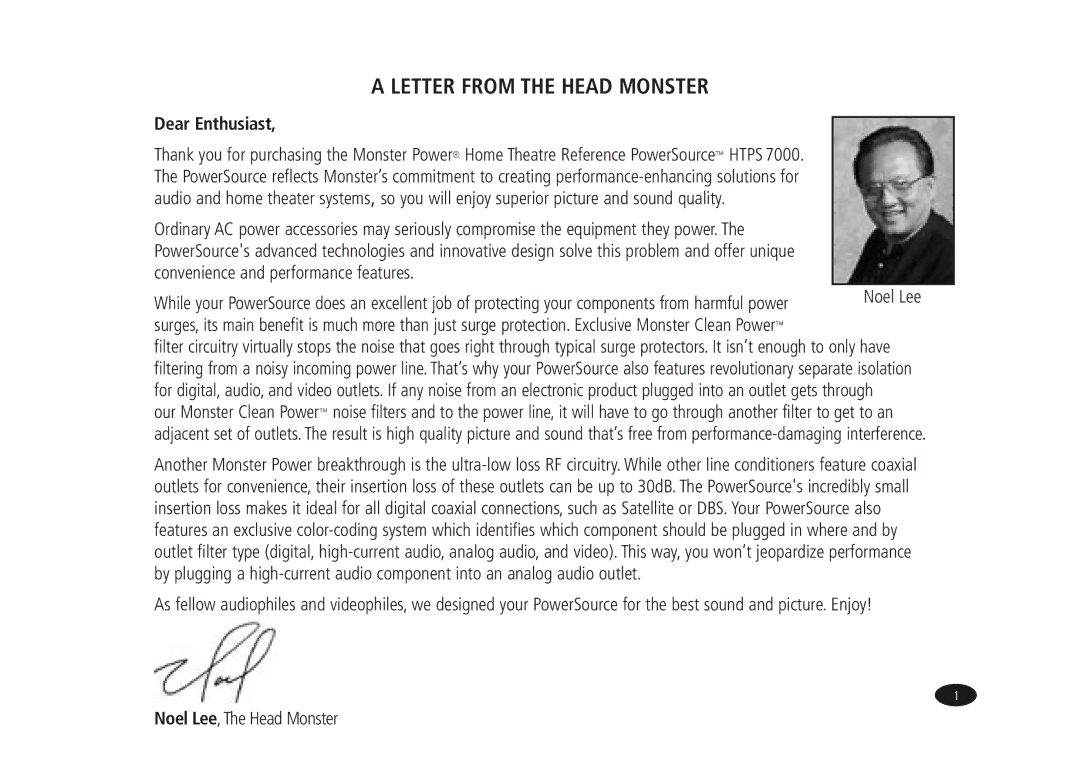 Monster Cable HTPS7000 owner manual Letter from the Head Monster, Dear Enthusiast 