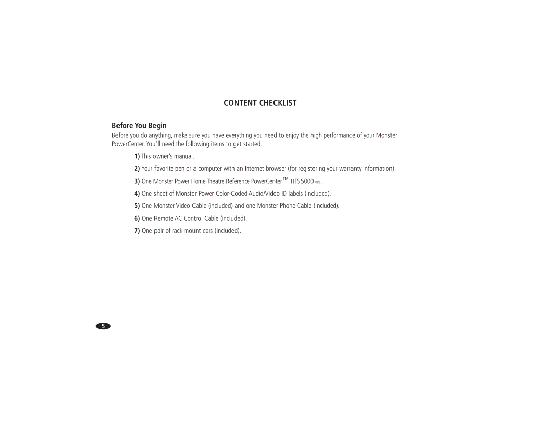 Monster Cable HTS 5000 owner manual Content Checklist, Before You Begin 