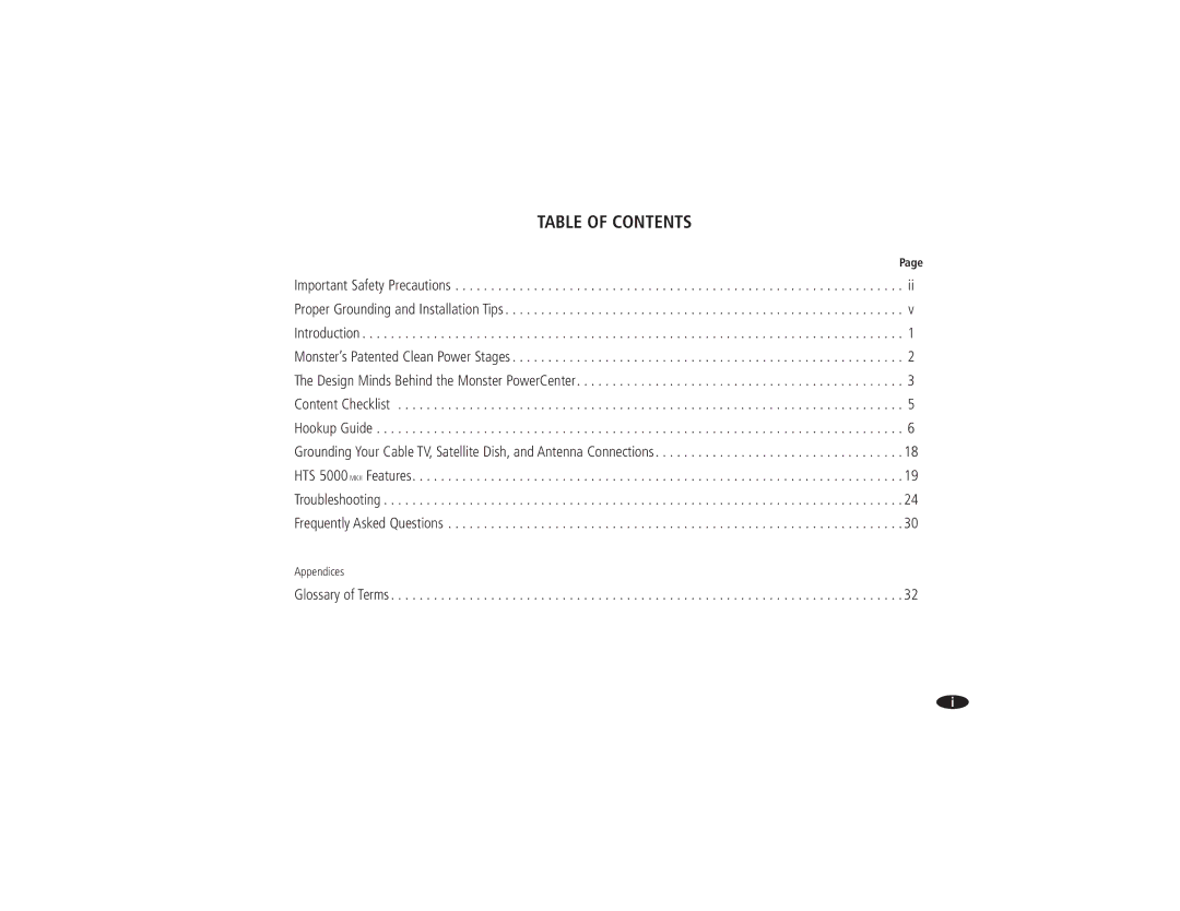 Monster Cable HTS 5000 owner manual Table of Contents 