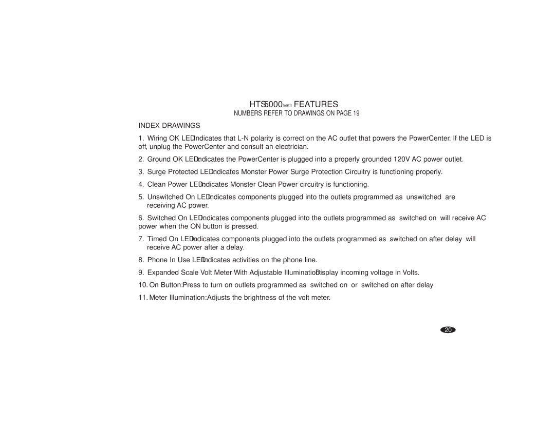 Monster Cable owner manual HTS 5000 Mkii Features, Index Drawings 