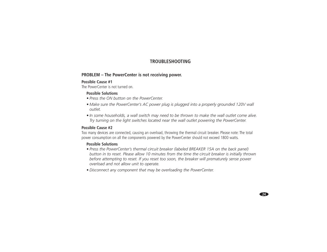 Monster Cable HTS 5000 owner manual Troubleshooting, Problem The PowerCenter is not receiving power 