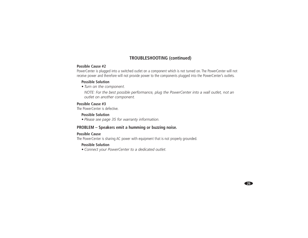 Monster Cable HTS 5000 owner manual Problem Speakers emit a humming or buzzing noise 