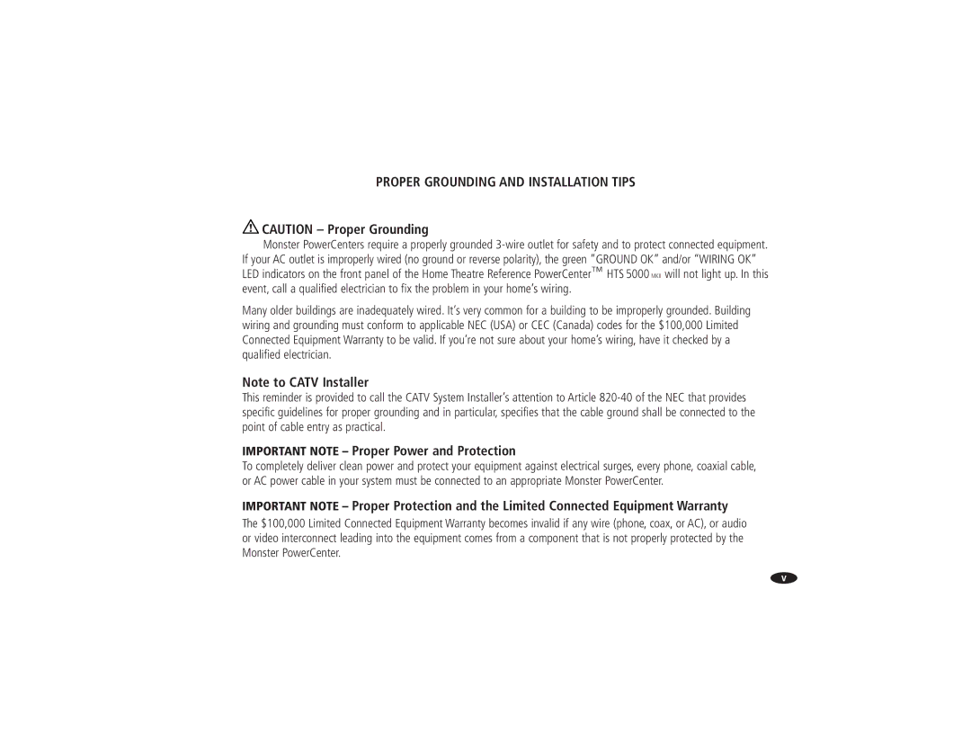 Monster Cable HTS 5000 owner manual Proper Grounding and Installation Tips, Important Note Proper Power and Protection 