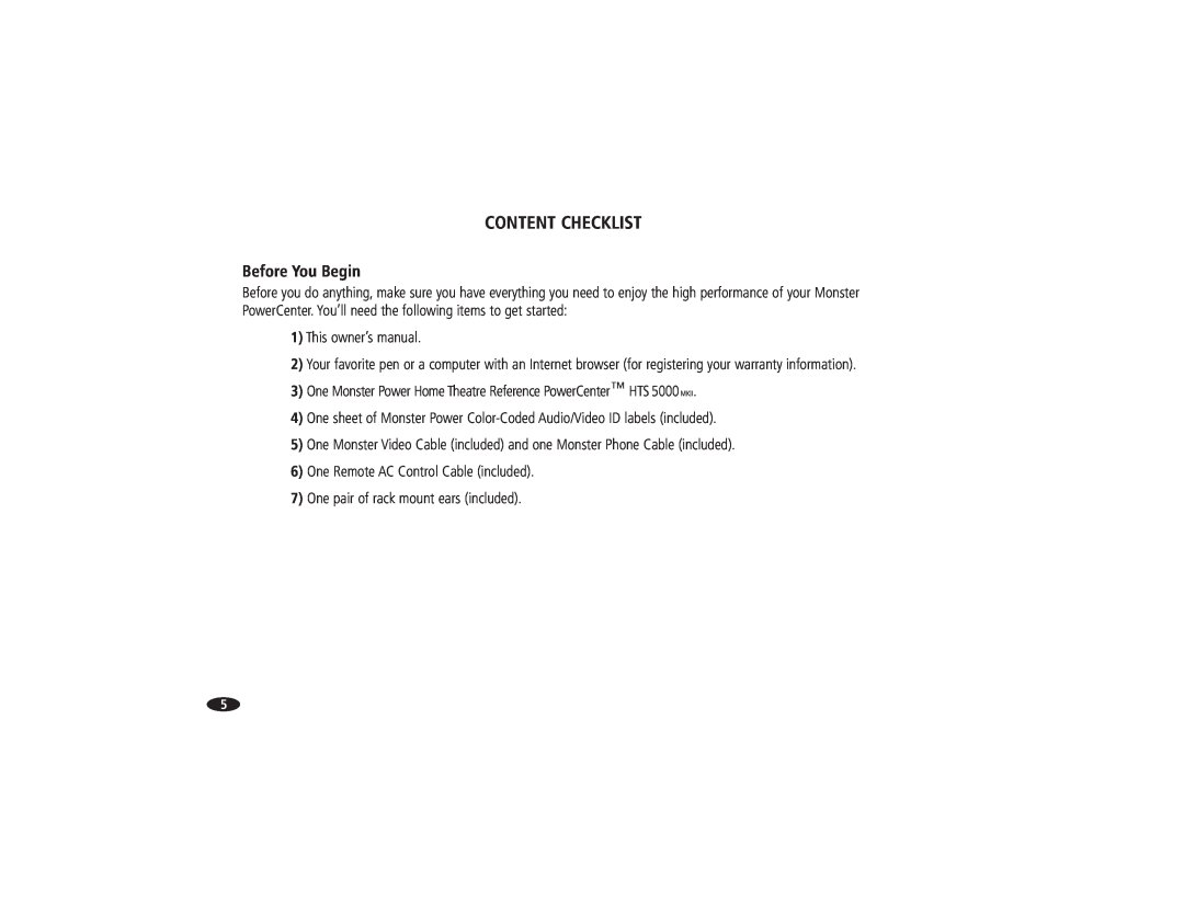 Monster Cable HTS 5000 owner manual Content Checklist, Before You Begin 