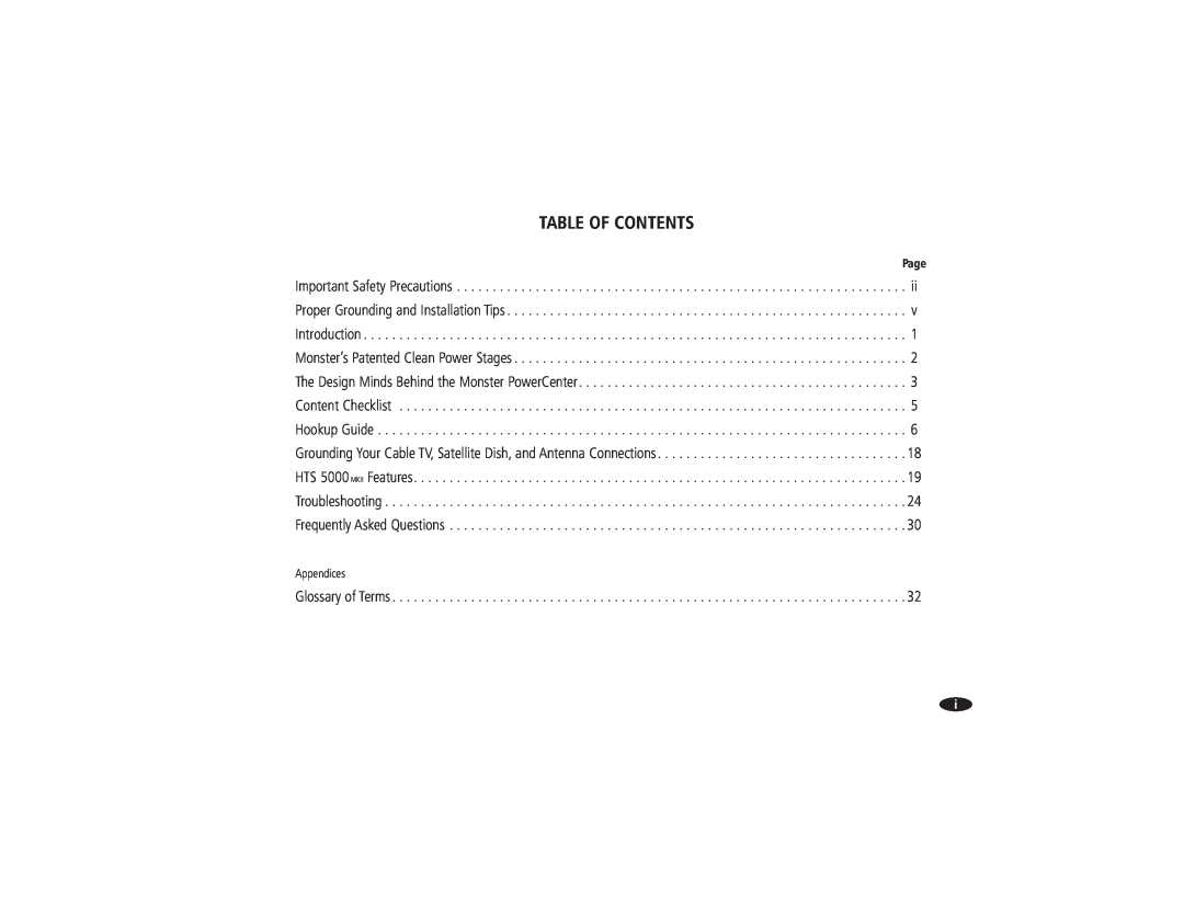 Monster Cable HTS 5000 owner manual Table Of Contents, Page 