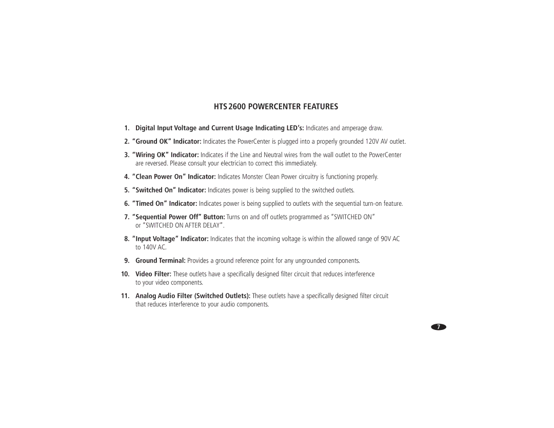 Monster Cable HTS2600 owner manual HTS 2600 Powercenter Features 