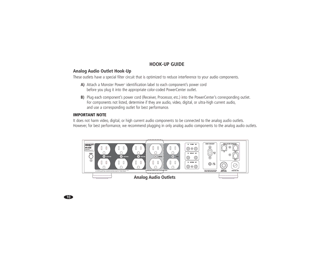 Monster Cable HTS2600 owner manual Analog Audio Outlet Hook-Up, Analog Audio Outlets 