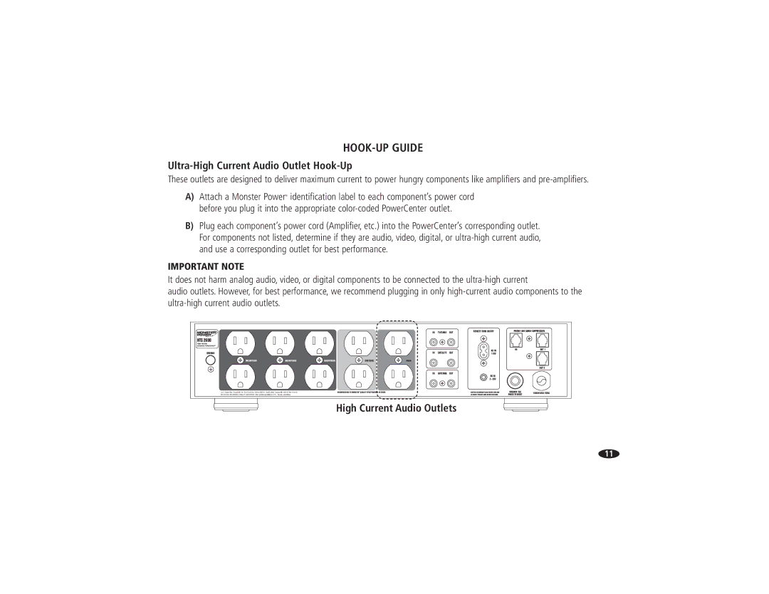 Monster Cable HTS2600 owner manual Ultra-High Current Audio Outlet Hook-Up, High Current Audio Outlets 