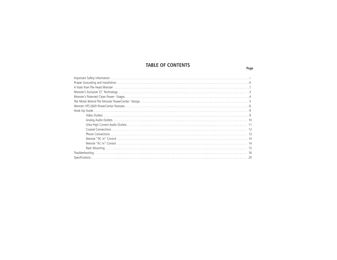 Monster Cable HTS2600 owner manual Table of Contents 