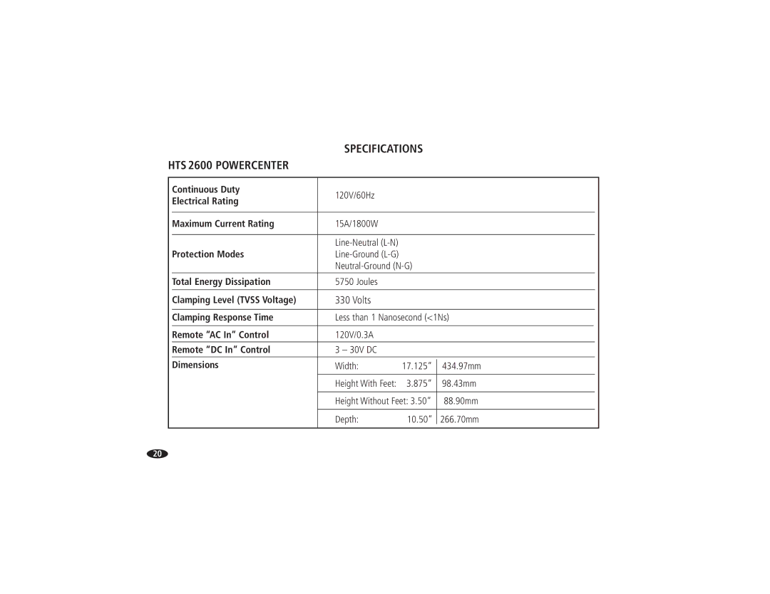 Monster Cable HTS2600 owner manual HTS 2600 Powercenter, Volts 