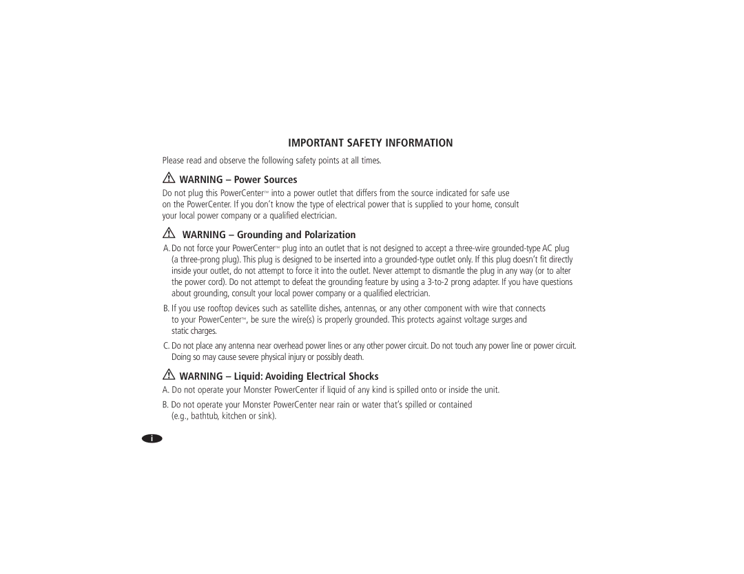 Monster Cable HTS2600 owner manual Important Safety Information 