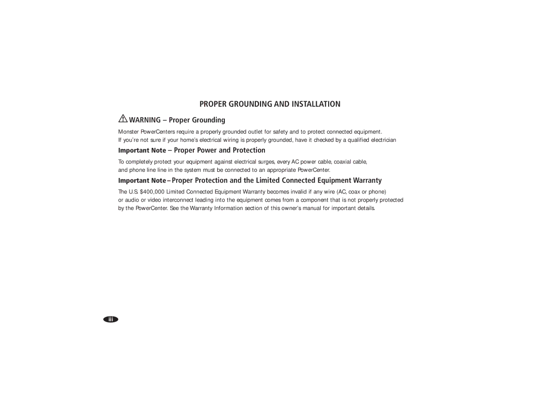 Monster Cable HTS2600 owner manual Proper Grounding and Installation, Important Note Proper Power and Protection 