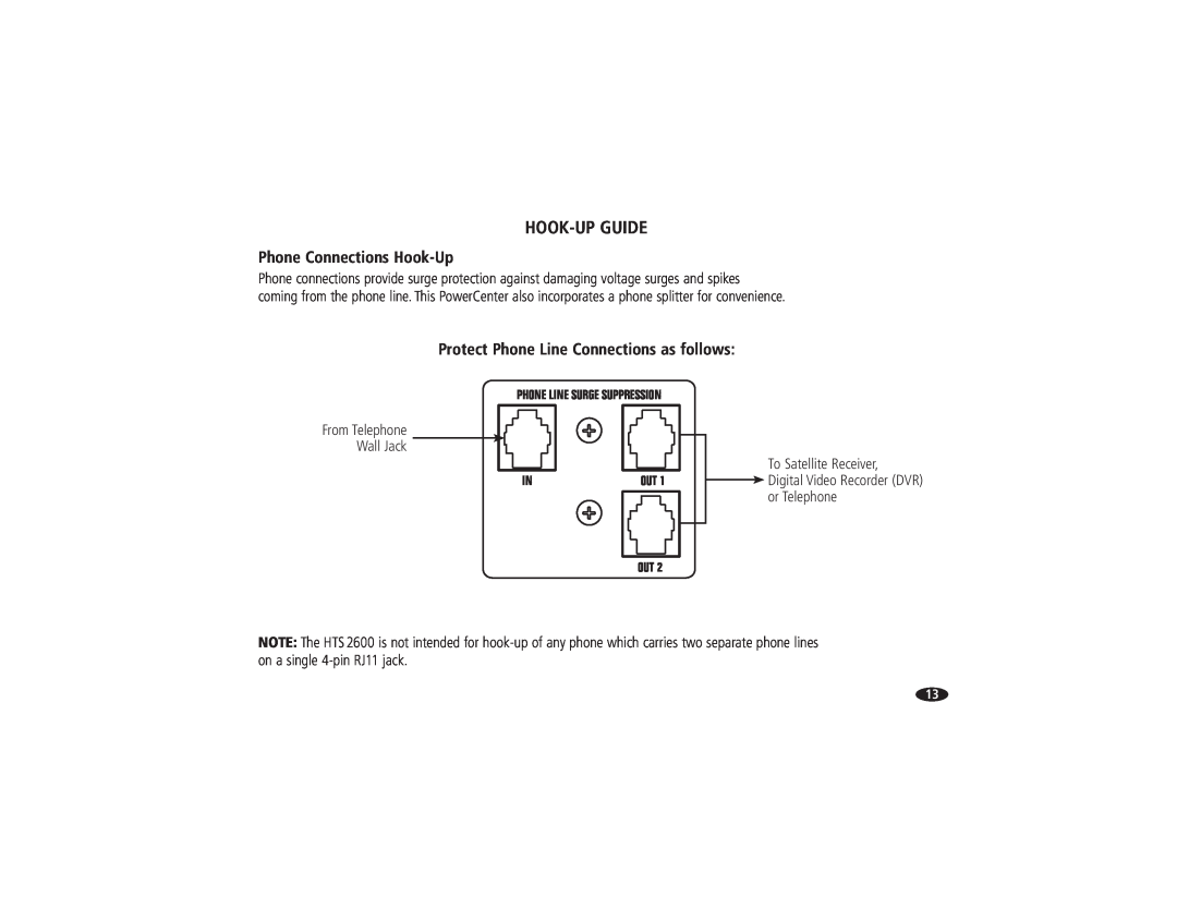 Monster Cable HTS2600 owner manual Phone Connections Hook-Up, Protect Phone Line Connections as follows, Hook-Upguide 