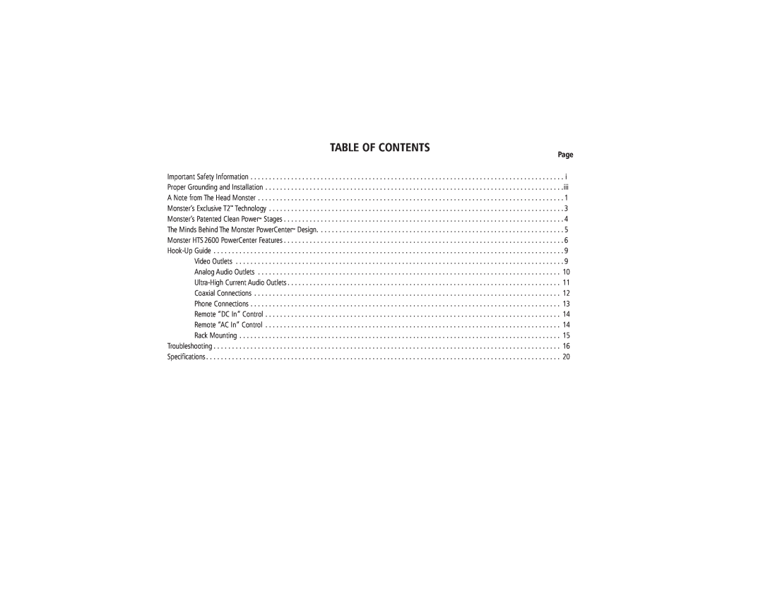 Monster Cable HTS2600 owner manual Table Of Contents, Page 