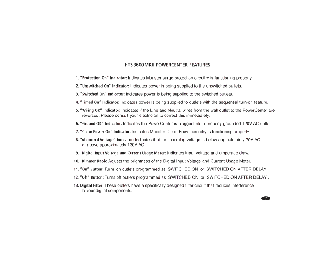 Monster Cable HTS3600MKII owner manual HTS 3600 Mkii Powercenter Features 