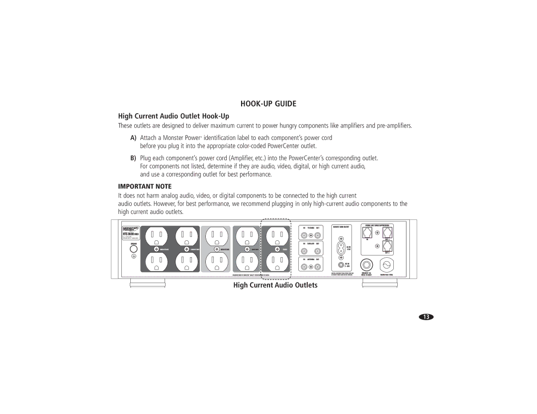 Monster Cable HTS3600MKII owner manual High Current Audio Outlet Hook-Up, High Current Audio Outlets 