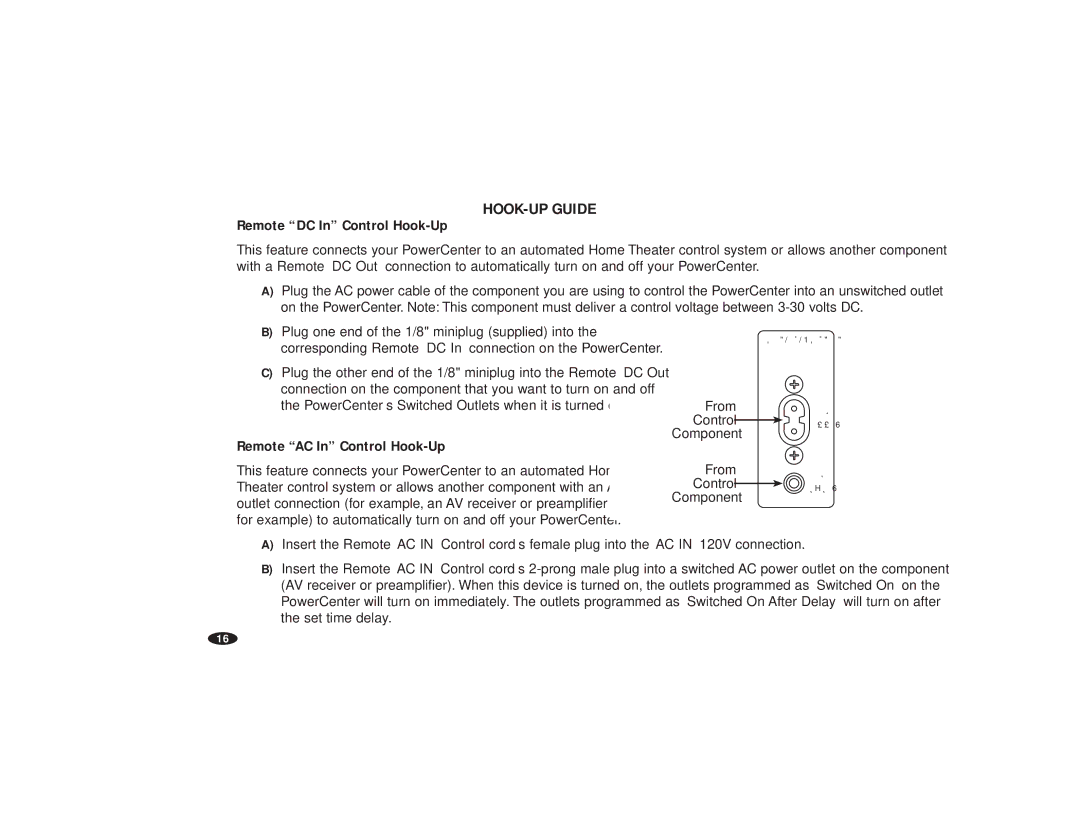 Monster Cable HTS3600MKII owner manual Remote DC In Control Hook-Up, Remote AC In Control Hook-Up, From Control Ê 