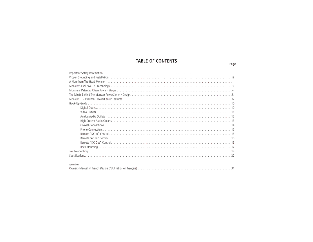 Monster Cable HTS3600MKII owner manual Table of Contents 