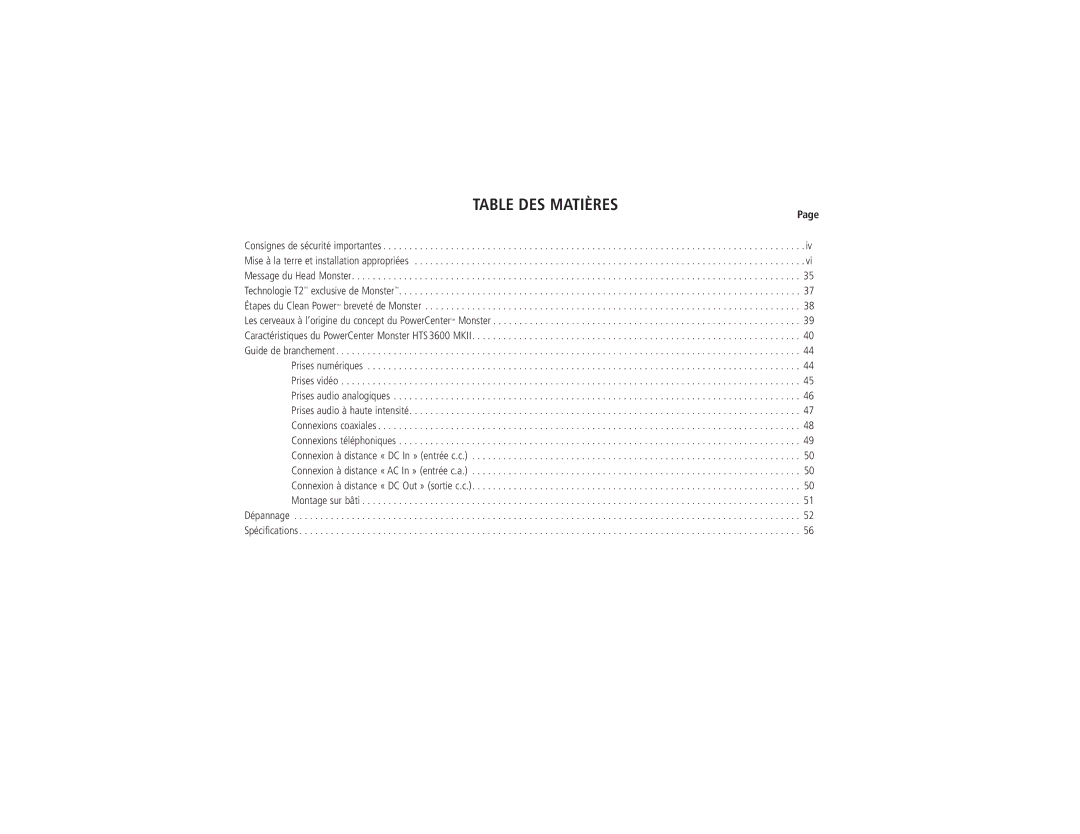 Monster Cable HTS3600MKII owner manual Table DES Matières 