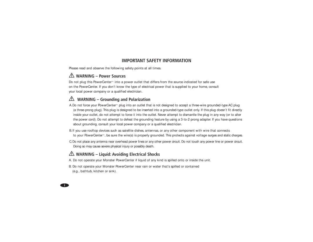 Monster Cable HTS3600MKII owner manual Important Safety Information 