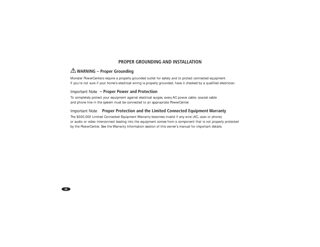 Monster Cable HTS3600MKII owner manual Proper Grounding and Installation, Important Note Proper Power and Protection 