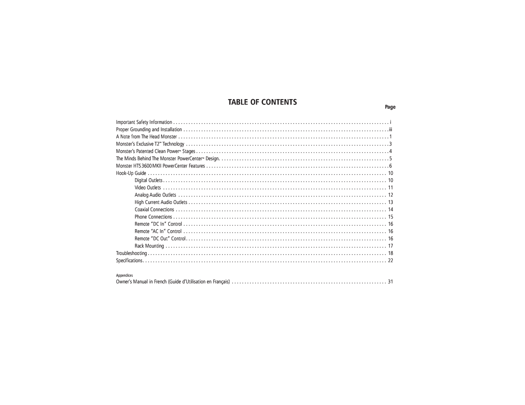 Monster Cable HTS3600MKII owner manual Table Of Contents, Page 