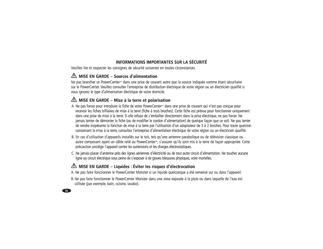 Monster Cable HTS3600MKII owner manual Informations Importantes Sur La Sécurité, MISE EN GARDE - Sources d’alimentation 