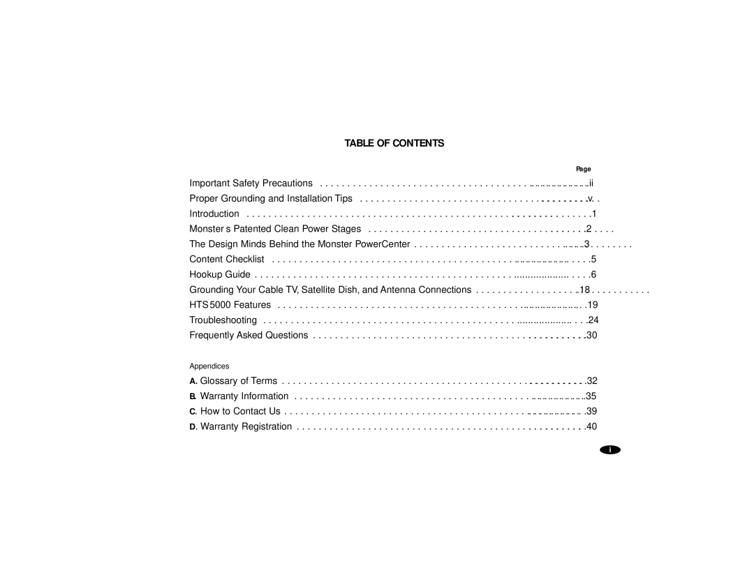 Monster Cable HTS5000 owner manual Table of Contents 