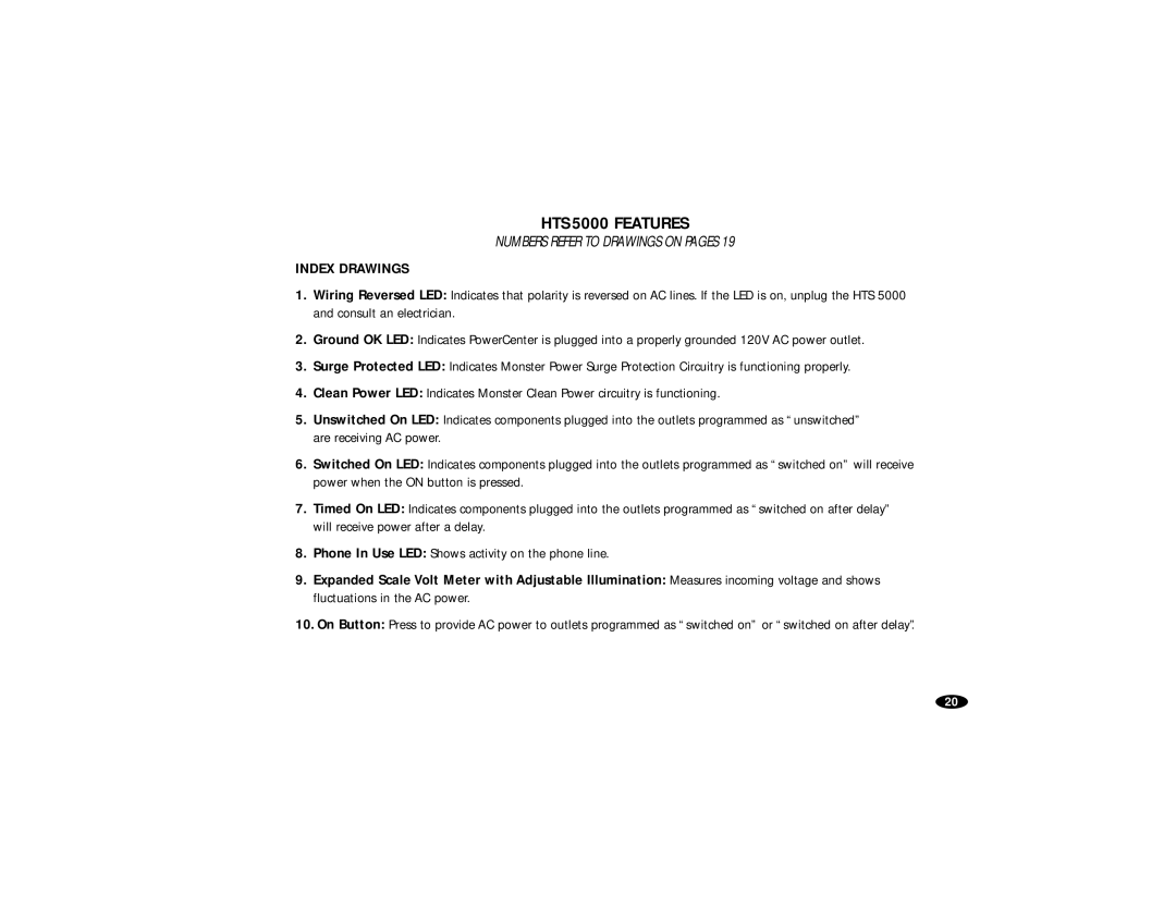 Monster Cable HTS5000 owner manual HTS 5000 Features, Index Drawings 