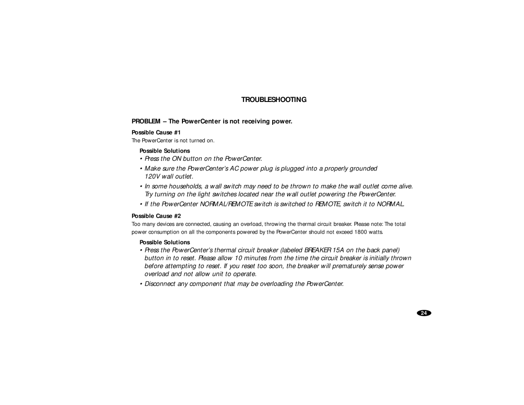 Monster Cable HTS5000 owner manual Troubleshooting, Problem The PowerCenter is not receiving power 