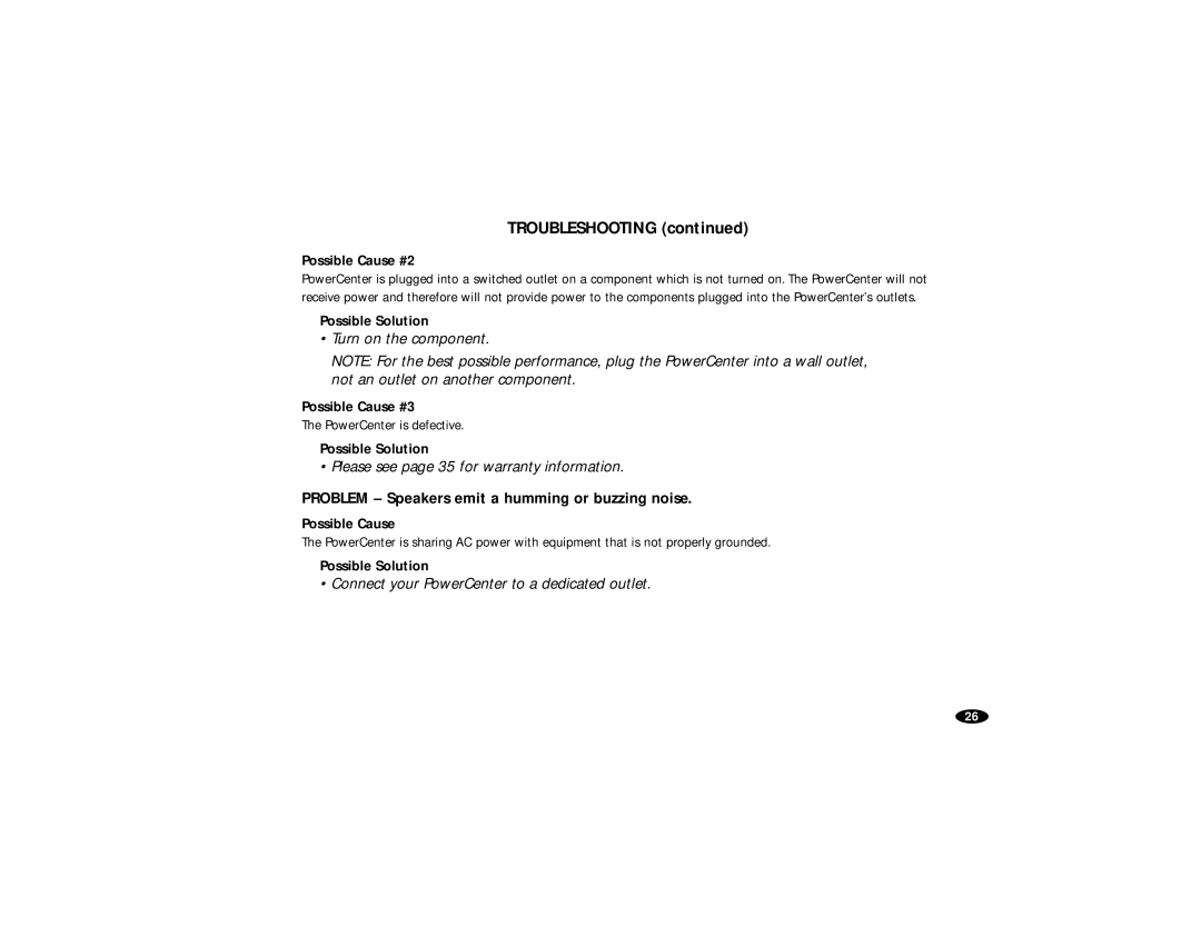 Monster Cable HTS5000 owner manual Problem Speakers emit a humming or buzzing noise 