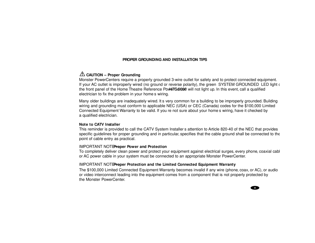 Monster Cable HTS5000 owner manual Proper Grounding and Installation Tips, Important Note Proper Power and Protection 